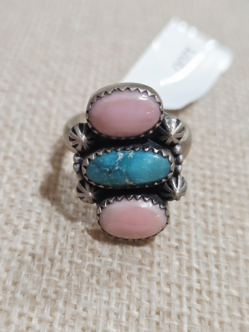 Sterling Silver Triple Stone Ring with Pink Conch and Turquoise Stones